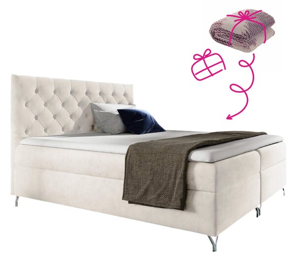 KONDELA Pat cu boxspring, 160x200, material alb Velvet, GULIETTE + cadou