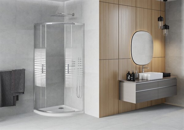 Mexen Rio, duș pătrat cu ușă glisantă 70 x 70 cm, 6 mm sticlă transparentă/în dungi, profil crom + cadă de duș albă, 863-070-070-01-20-4110