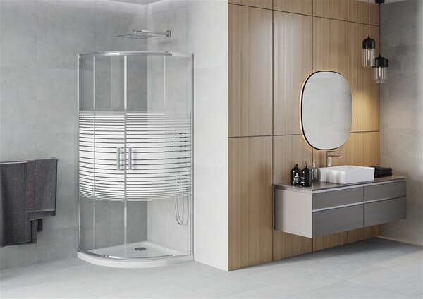Mexen Rio, duș pătrat cu ușă glisantă 70 x 70 cm, 6 mm sticlă transparentă/în dungi, profil crom + cadă de duș albă, 863-070-070-01-20-4110