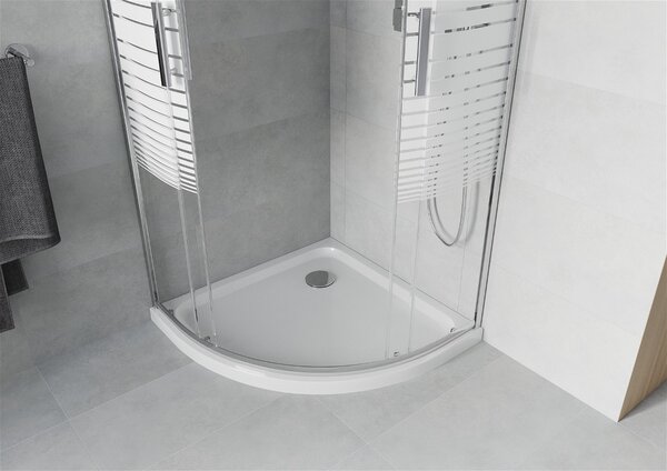 Mexen Rio, duș pătrat cu ușă glisantă 70 x 70 cm, 6 mm sticlă transparentă/în dungi, profil crom + cadă de duș albă, 863-070-070-01-20-4110