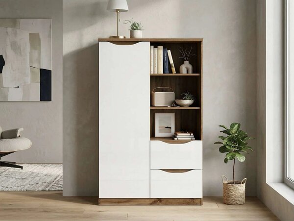 Comoda NUIS, stejar/alb lucios, 90x40x148 cm