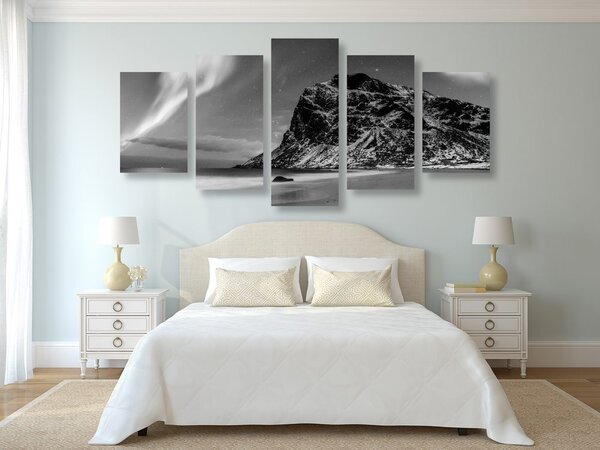Tablou 5-piese aurora polară în Norvegia în design alb-negru