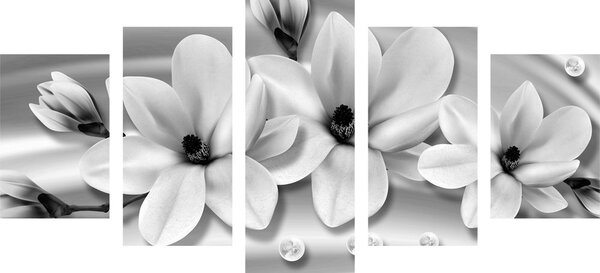 Tablou 5-piese magnolie de lux cu perle în design alb-negru