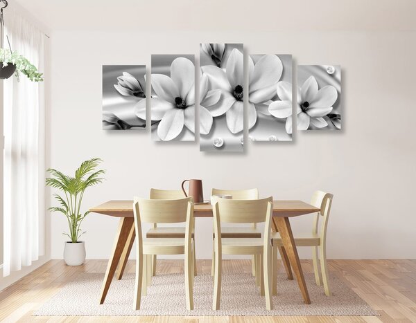 Tablou 5-piese magnolie de lux cu perle în design alb-negru