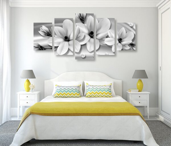 Tablou 5-piese magnolie de lux cu perle în design alb-negru