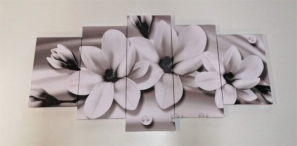 Tablou 5-piese magnolie de lux cu perle în design alb-negru