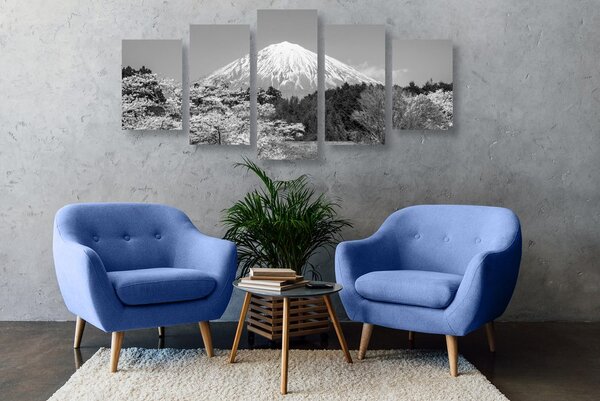 Tablou 5-piese muntele Fuji în design alb-negru