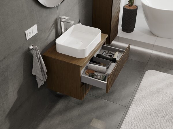 Mexen Rivel, mobilier de baie sub lavoar 70 cm, 2 sertare, canelat, nuc, 91A20-07047-2-BFF86