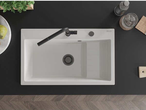 Mexen Omar, chiuveta granit cu 1 camera 800x480x210 mm, alb, sifon grafit, 6520801005-20-B
