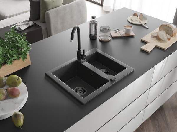 Mexen Carlos, chiuvetă din granit 582x475x177 mm, 1,5 camere, pete negre cu sifon negru, 6518581500-76-B
