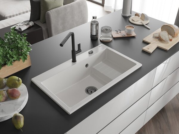 Mexen Omar, chiuveta granit cu 1 camera 800x480x210 mm, alb, sifon grafit, 6520801005-20-B