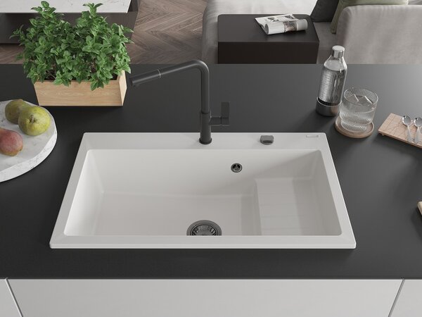 Mexen Omar, chiuveta granit cu 1 camera 800x480x210 mm, alb, sifon grafit, 6520801005-20-B