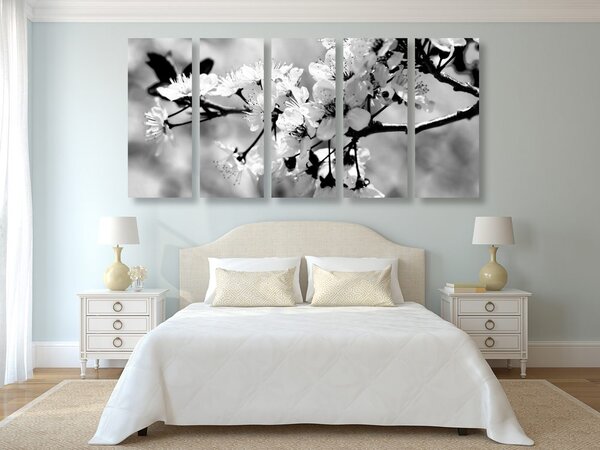 Tablou 5-piese floare de cireș în design alb-negru