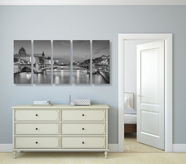 Tablou 5-piese panorama orbitoare ale Parisului în design alb-negru