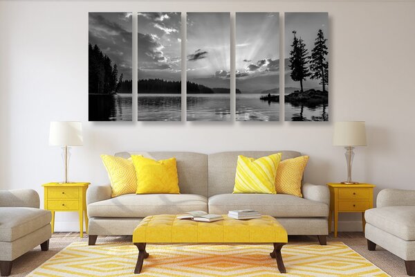 Tablou 5-piese reflexie lacului de munte în design alb-negru