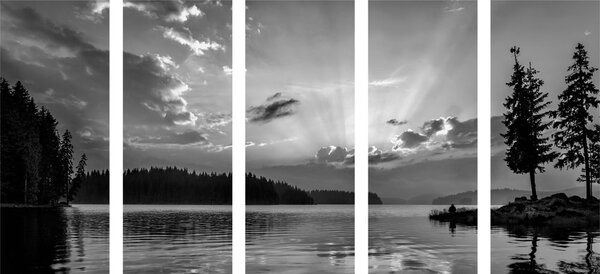 Tablou 5-piese reflexie lacului de munte în design alb-negru