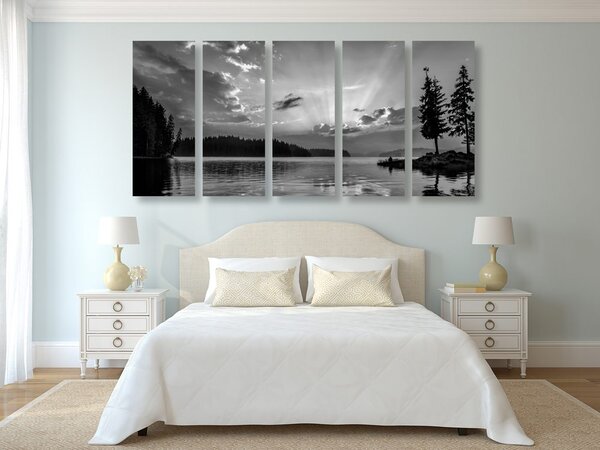 Tablou 5-piese reflexie lacului de munte în design alb-negru