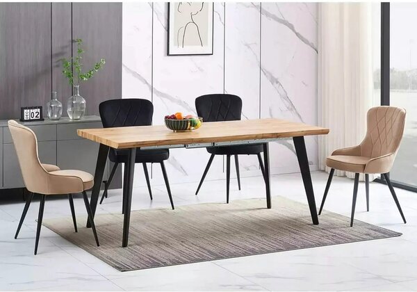 Scaun catifea dining Lotus, bej/negru, stofa/metal, 52x45x91 cm