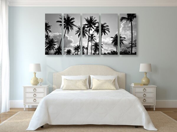 Tablou 5-piese palmieri de cocos pe plajă în design alb-negru