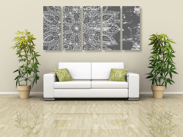 Tablou 5-piese textură de Mandala în design alb-negru