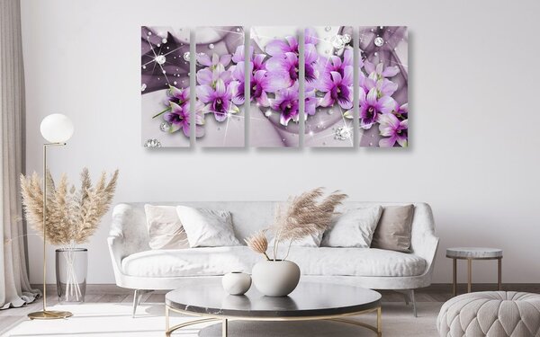 Tablou 5-piese flori violete pe un fundal abstract