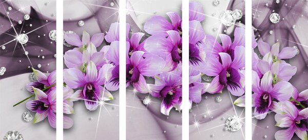 Tablou 5-piese flori violete pe un fundal abstract