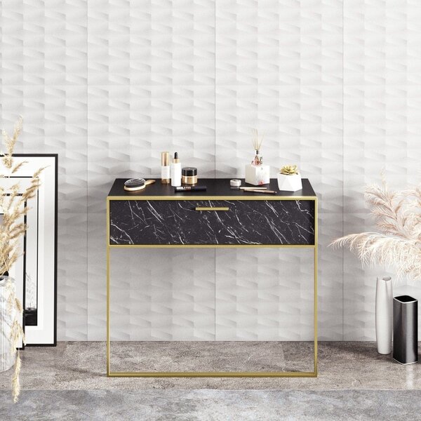 Consola POLKA, negru/auriu, PAL melaminat/metal, 90x39x77 cm