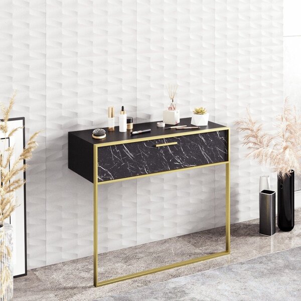 Consola POLKA, negru/auriu, PAL melaminat/metal, 90x39x77 cm