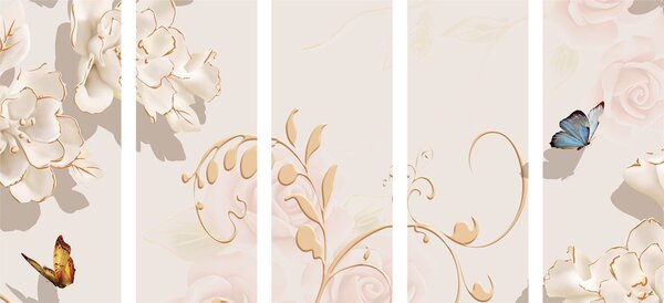 Tablou 5-piese natura moartă vintage cu fluture