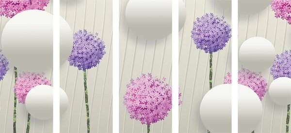 Tablou 5-piese flori interesante cu elemente și modele abstracte