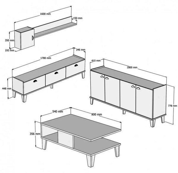 Mobilier living SUMER G7020, alb/stejar, PAL melaminat, 4 piese
