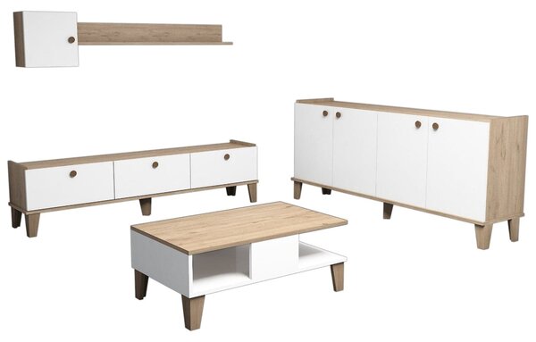 Mobilier living SUMER G7020, alb/stejar, PAL melaminat, 4 piese