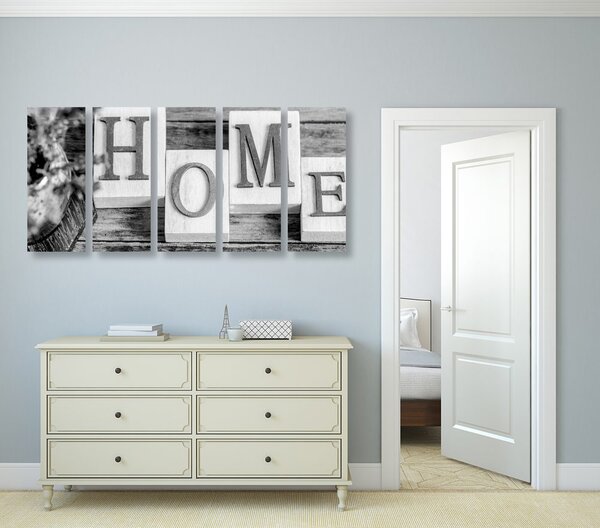 Tablou 5-piese litere HOME în design alb-negru