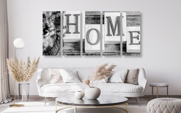 Tablou 5-piese litere HOME în design alb-negru