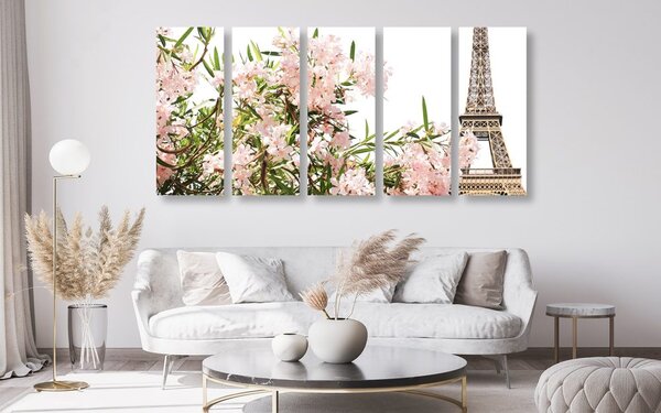 Tablou 5-piese turnul Eiffel și florile roz
