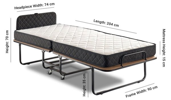 Pat pliabil XL Katlanir 90x200, stejar/negru, placaj/metal, cu saltea