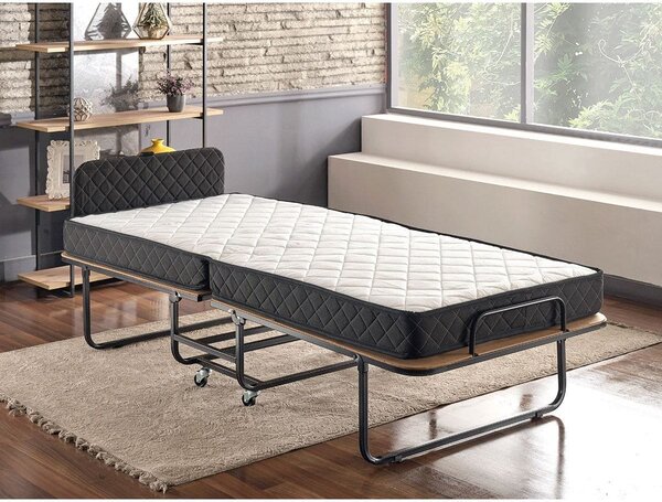 Pat pliabil XL Katlanir 90x200, stejar/negru, placaj/metal, cu saltea