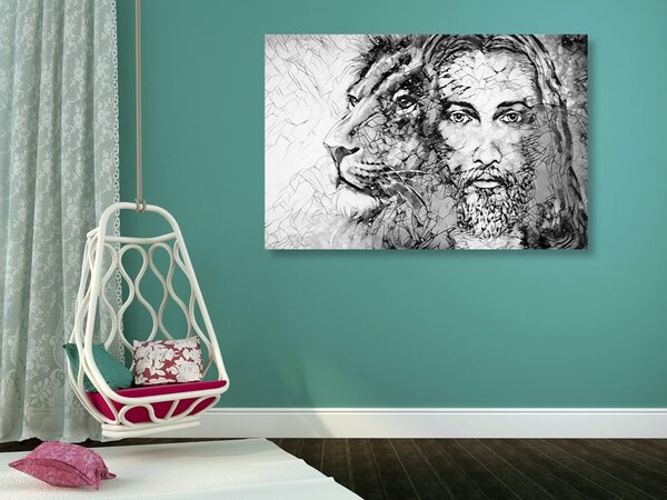 Tablou atotputernic cu leul în design alb-negru