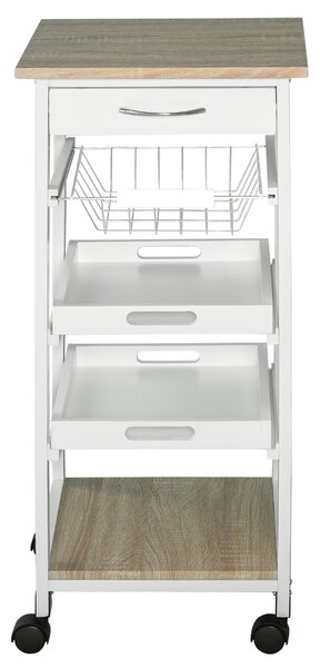 HOMCOM Carucior Bucatarie 4 Roti Sertar Cos Sarmă Tavite Detasabile Etajera Lemn Pin 37x37x82cm Alb | Aosom Romania