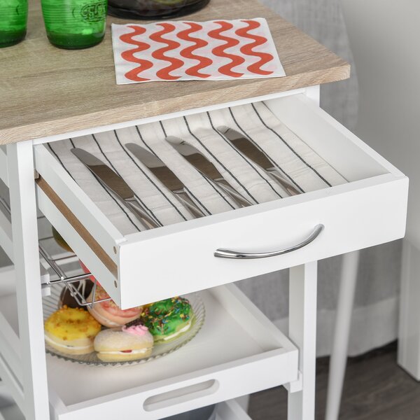HOMCOM Carucior Bucatarie 4 Roti Sertar Cos Sarmă Tavite Detasabile Etajera Lemn Pin 37x37x82cm Alb | Aosom Romania