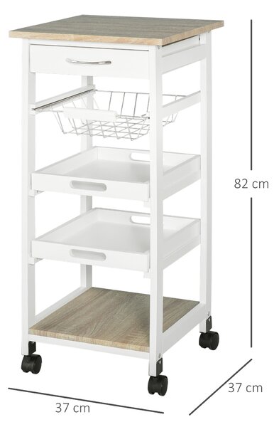 HOMCOM Carucior Bucatarie 4 Roti Sertar Cos Sarmă Tavite Detasabile Etajera Lemn Pin 37x37x82cm Alb | Aosom Romania