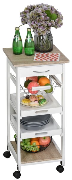 HOMCOM Carucior Bucatarie 4 Roti Sertar Cos Sarmă Tavite Detasabile Etajera Lemn Pin 37x37x82cm Alb | Aosom Romania