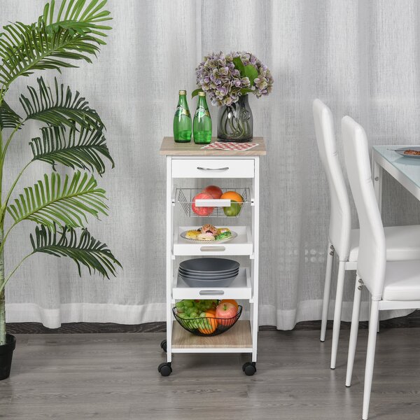 HOMCOM Carucior Bucatarie 4 Roti Sertar Cos Sarmă Tavite Detasabile Etajera Lemn Pin 37x37x82cm Alb | Aosom Romania