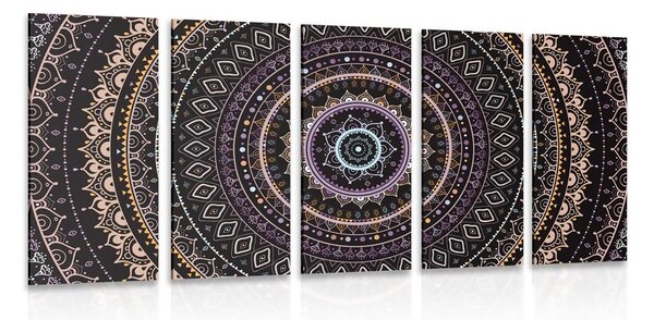 Tablou 5-piese Mandala cu modelul de soare în nuanțe de violet