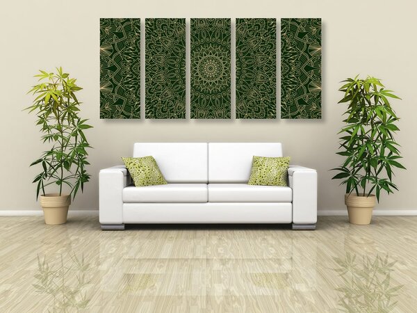 Tablou 5-piese Mandala ornamentată detaliată în culoarea verde