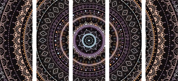 Tablou 5-piese Mandala cu modelul de soare în nuanțe de violet