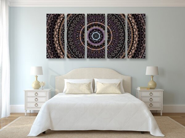 Tablou 5-piese Mandala cu modelul de soare în nuanțe de violet