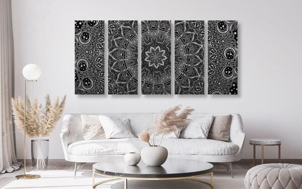Tablou 5-piese Mandala orientală în design alb-negru