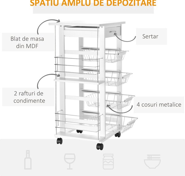 HOMCOM Cărucior de Bucătărie Alb, Dulap Depozitare, 1 Sertar, 2 Etajere, 4 Coșuri Detașabile, 47x37x83cm | Aosom Romania