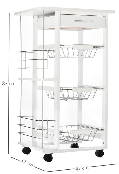 Carucior de Bucatarie, Lemn de Pin Alb, 4 Roti, Sertar, Cosuri Detasabile, 47x37x83cm HOMCOM | Aosom Romania